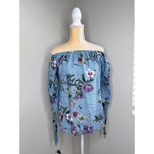 Italy Floral Linen Tunic High-low Off The Shoulder Tie Cuff Blouse